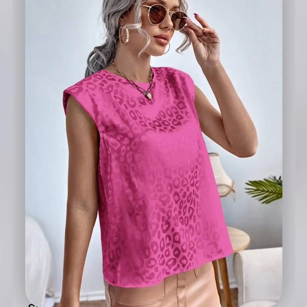 SHEIN Fuchsia Pink Leopard Print Silky Satin Sleeveless Top padded shoulder L
